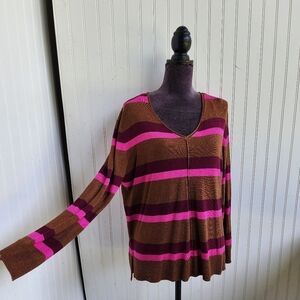 NWT APT 9 Women’s Knit V-Neck Pullover Brown Pink Striped Sweater Lighweight L